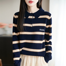 新款100纯羊毛衫女POLO领条纹打底宽松显瘦上衣秋冬撞色翻领毛衣，女装羊毛衫，大美人包芯纱店