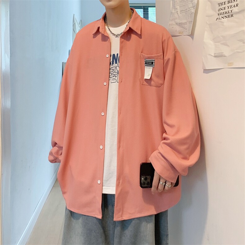 2026春夏装新款宽松贴标华夫格长袖衬衫男CS9966/特P28粉色,男装衬衫,电商A094