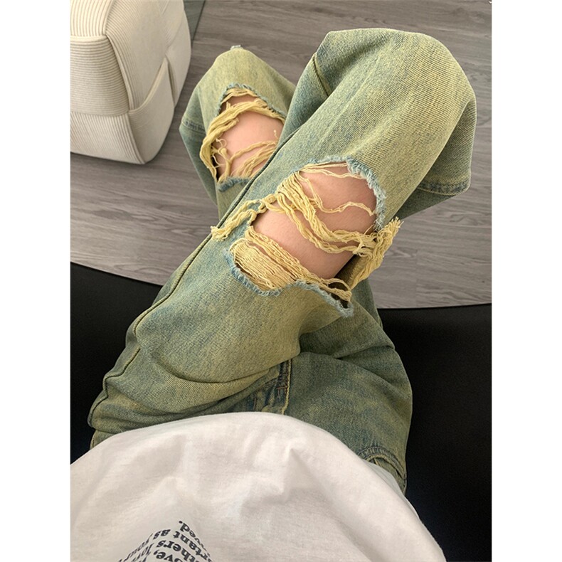 美式高街破洞阔腿牛仔裤男宽松显瘦直筒高腰拖地长裤N7219,男装牛仔裤,星座1116A（原606A-3）
