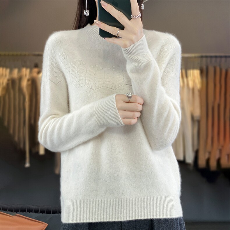 一线成衣针织100%羊毛衫女半高领花朵镂空宽松套头毛衣打底羊绒衫,女装羊毛衫,鲁菏羊绒