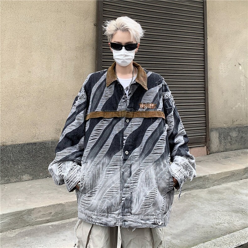 NC861-复古渐变破洞斑马纹外套设计感小众拼接牛仔夹克图片
