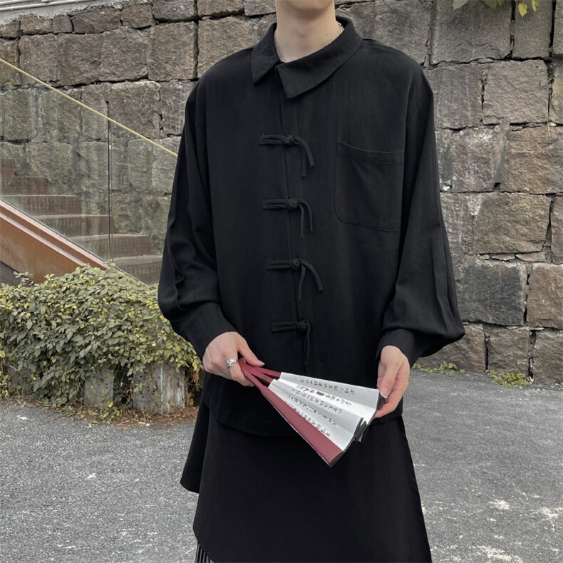 秋季复古新中式风唐装衬衣男女无性别棉麻宽松盘扣斜领衬衫外套,男装衬衫,星座909