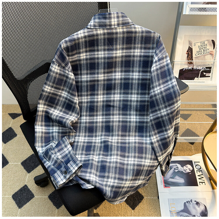 格纹口袋翻领磨毛衬衫高级感复古做旧风长袖衬衣SC237P28,男装衬衫,星座1013-1