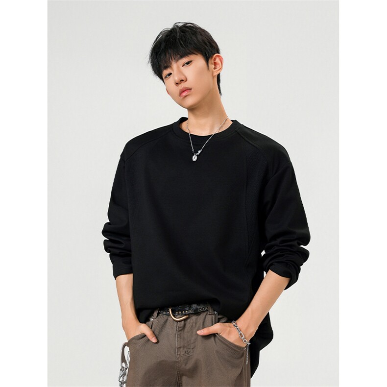 新款纯色拼接曼巴棉时尚百搭圆领大码长袖T恤男T24526-特P30控58,男装T恤,电商A001