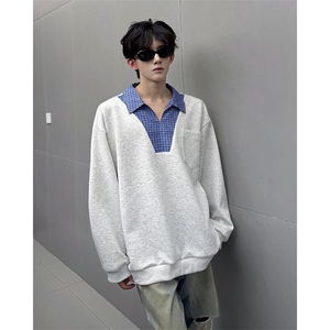 WY10153-特P48 控88 小众撞色面料拼接格子假两件大码男宽松卫衣图片