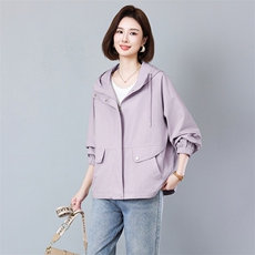 26年春新款纯棉风衣外套长袖连帽日韩休闲纯色宽松休闲百搭风2609，女装风衣，秋牧寒烟