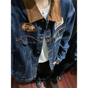 复古徽章牛仔外套男女中长款早春秋机车风翻领夹克上衣 JN1235图片