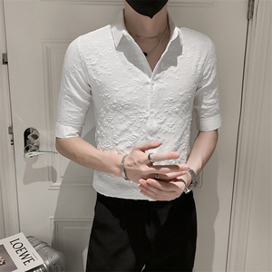 店主风社会小伙男士七分袖纯色花泡衬衫男衬衣301A-1/CS352/P55图片