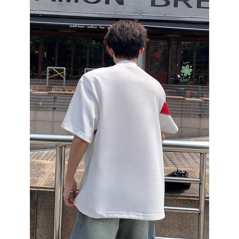 夏季小众解构撞色设计感短袖垫肩T恤男红白拼接高级感重磅半袖t恤,男装T恤,四季星座505