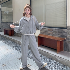 蕾丝花边灰色连帽开衫卫衣阔腿裤套装女春秋两件套爆款流行巨好看，女装短外套，2C372