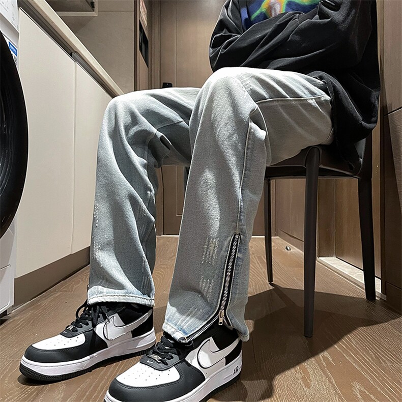 美式高街牛仔裤男修身侧边拉链潮牌vibe微喇裤子男,男装牛仔裤,星座410-7