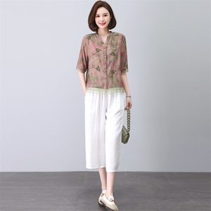 时尚洋气减龄妈妈装两件套女2025夏季新款休闲宽松显瘦哈伦裤套装图片
