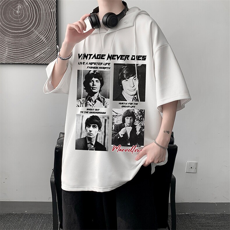 LD54451-P45连帽短袖t恤男大码胖子带帽五分袖中袖,男装T恤,电商A040