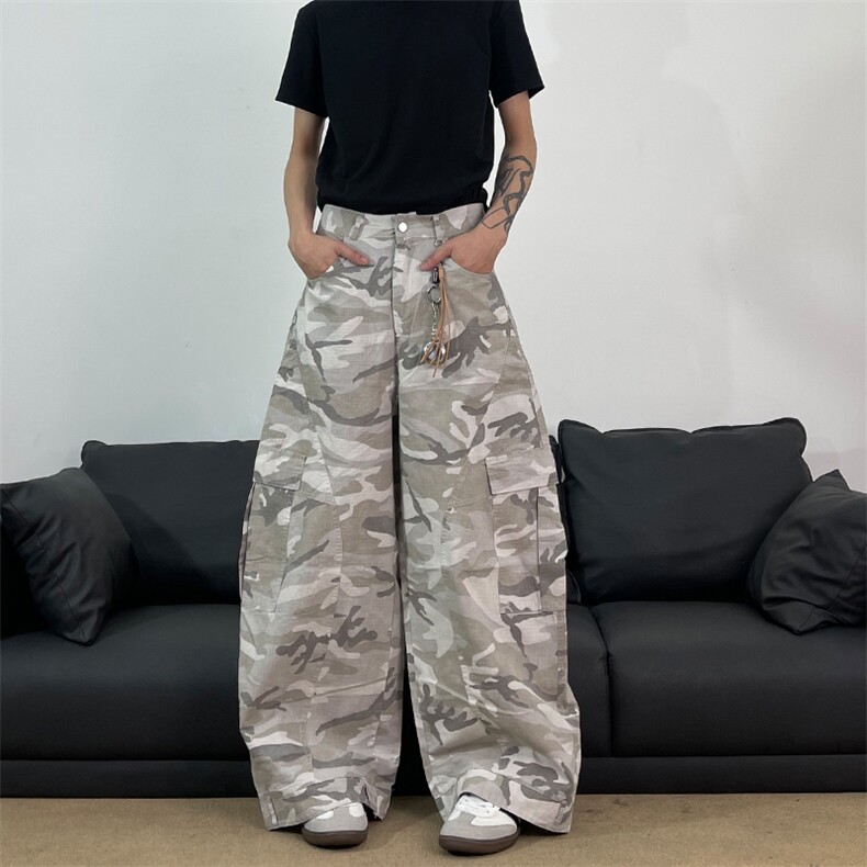 76STREET美式水洗口袋阔脚宽松cleanfit迷彩直筒弯刀工装裤男长裤图片