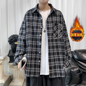 加绒衬衫男冬季新款港风宽松大码加厚磨毛格子长袖衬衣JR37-特P40图片