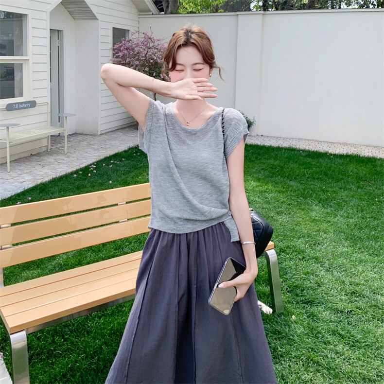 时尚休闲套装女夏季新款简约百搭显瘦针织小衫裙两件套,女装套装/套裙,秀美人生