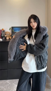 美式长毛座山雕pu皮外套连帽梵古文刺绣棉服男冬季夹棉图片