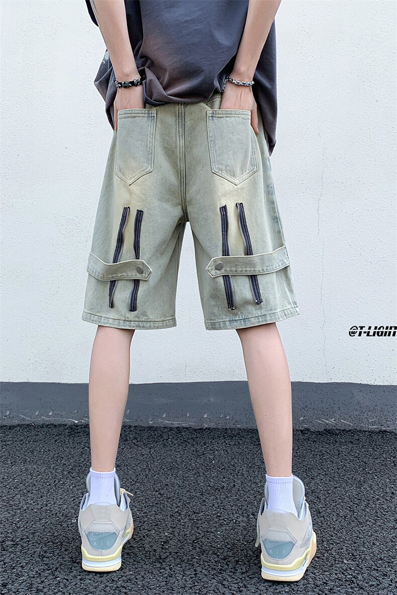 B221美式ins高街暗黑拉链休闲牛仔短裤五分裤LK23082-P50控68,男装牛仔裤,电商B221
