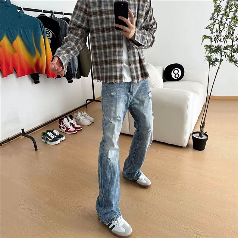 美式复古蓝色破洞牛仔裤男夏季薄款欧美高街vibe裤子直筒微喇叭裤,男装牛仔裤,星座506A