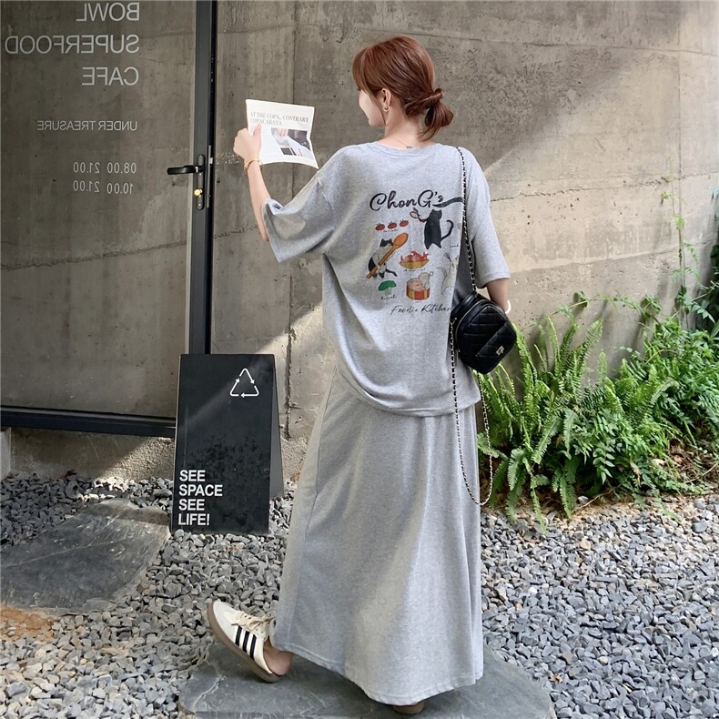 卡通印花T恤半身裙套装女夏2025新款松驰感慵懒风两件套超火流行图片