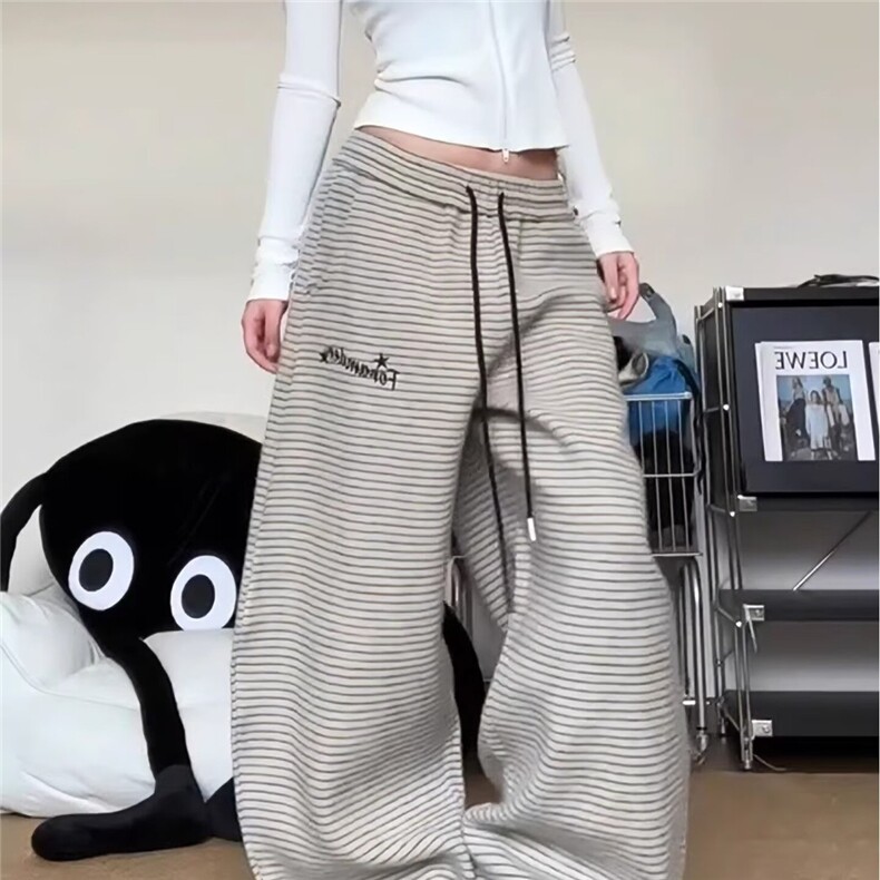 美式慵懒风横条纹垂感阔腿裤2026秋冬高腰显瘦女杏色直筒休闲长裤,男装休闲裤,星座506A