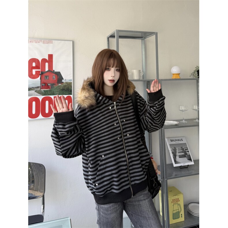 DP0801-P65美式复古条纹可拆卸毛领连帽卫衣秋季柳钉宽松拉链外套,女装短外套,电商C233