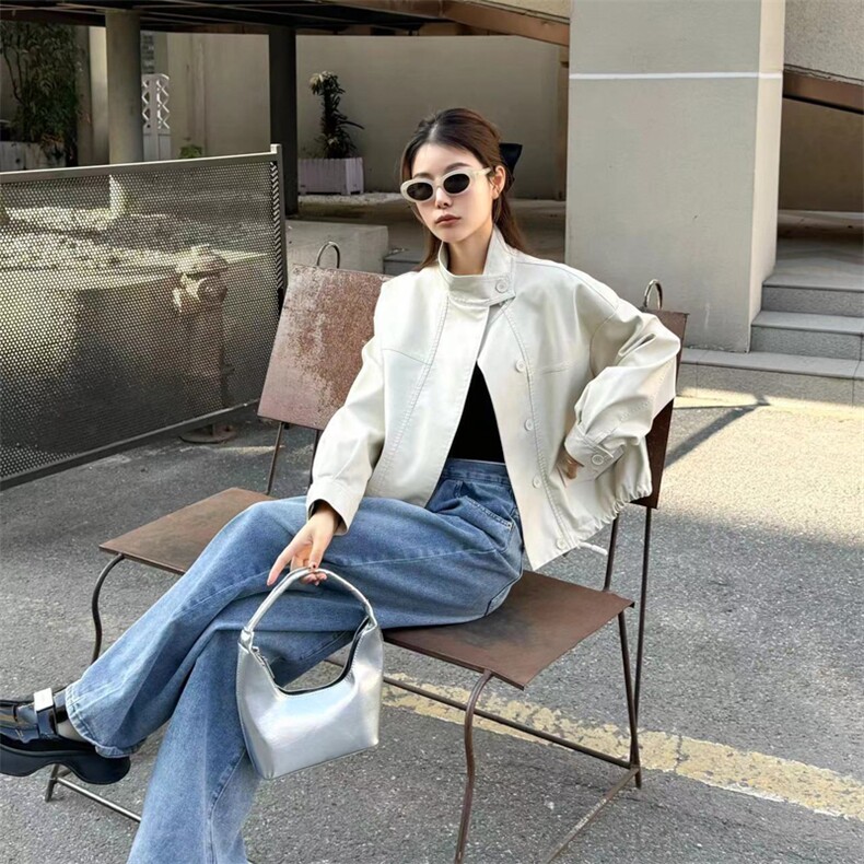 宽松显瘦时尚皮衣女短款2025春新款立领机车服韩系小个子上衣,女装皮衣,2C229