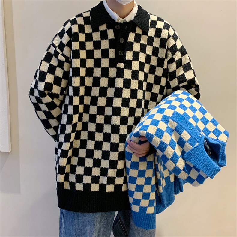 复古棋盘格毛衣秋冬新款慵懒风宽松套头polo领针织衫M326-P44,男装针织衫/毛衣,星座512-4