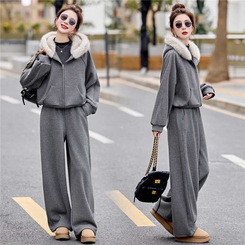 2025冬新款韩版毛毛拼接立领卫衣配加厚松紧腰卫裤套装，女装套装/套裙，瑶迪依秀