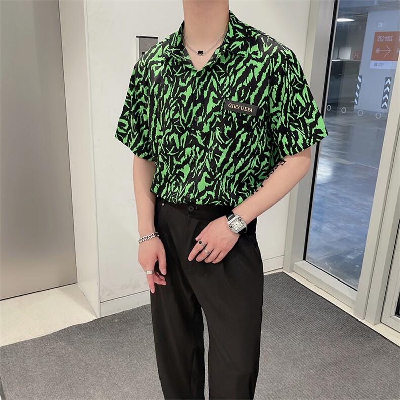 夏季高级感印花短袖衬衫男ins沙滩半袖花衬衫痞帅潮CS721-P55控79,男装T恤,电商B267