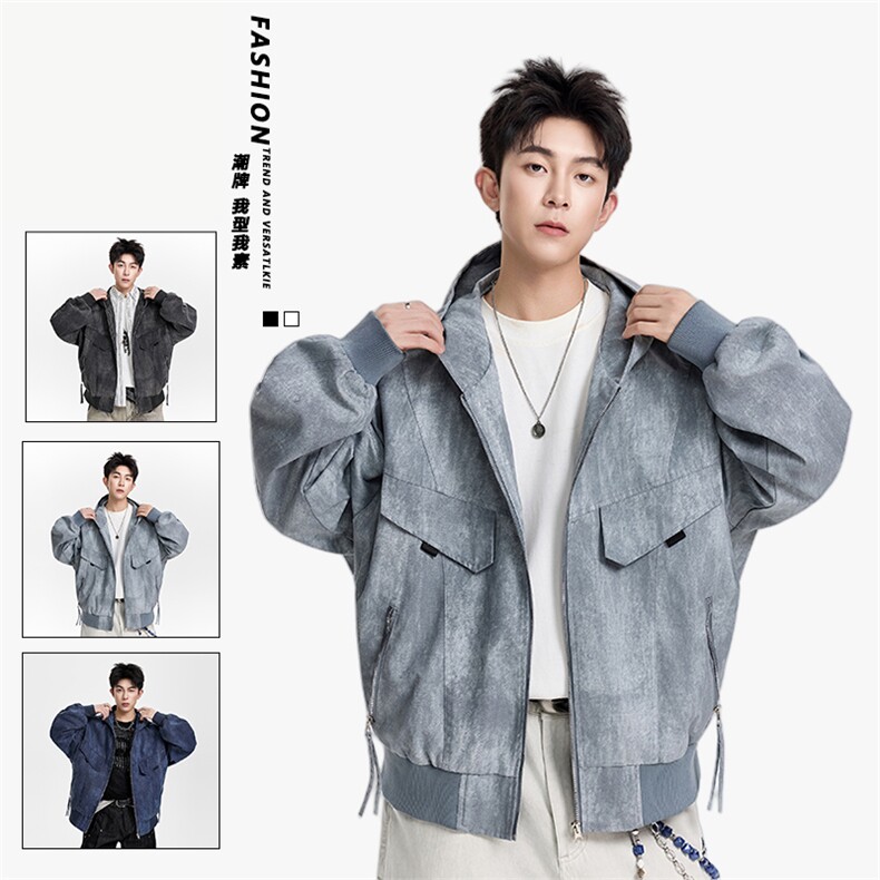 水洗棉仿牛仔潮牌连帽夹克男士休闲外套A406 JK5615 P105图片