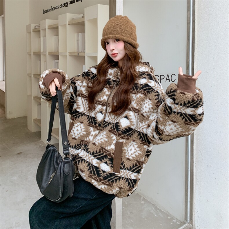 复古慵懒碎花撞色羊羔毛保暖外套-190-5082-P195K278,女装毛呢外套,2B190