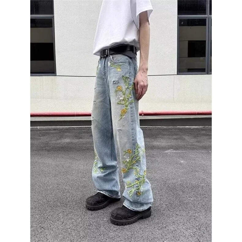 网红款美式潮牌花卉刺绣牛仔裤P57YW9173,男装牛仔裤,星座1112-1