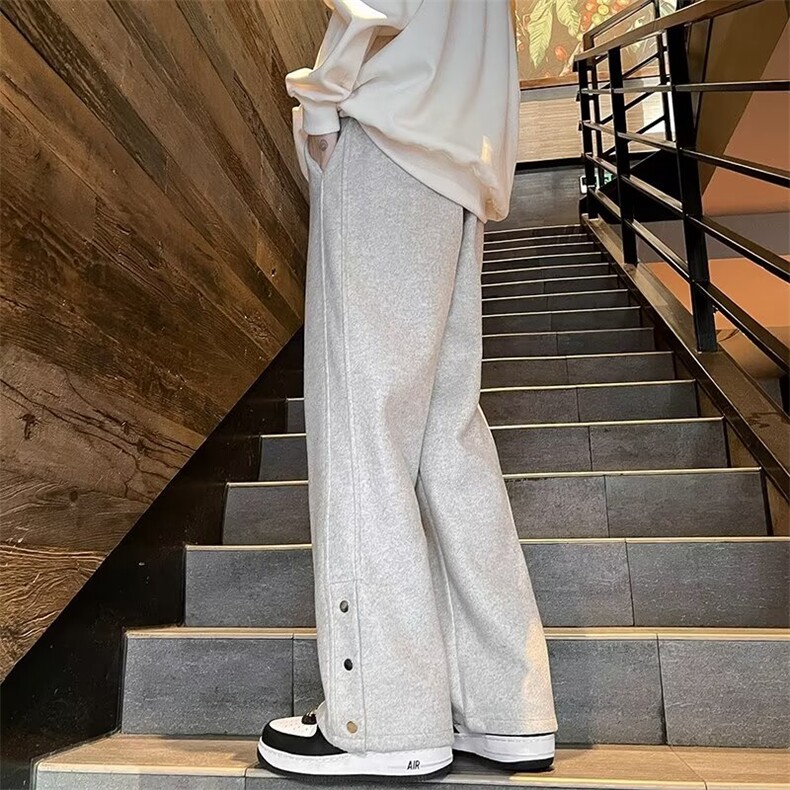 毛呢裤子复古日系慵懒直筒休闲阔腿裤男高级感拖地裤脚纽扣开叉潮,男装休闲裤,星座601-2