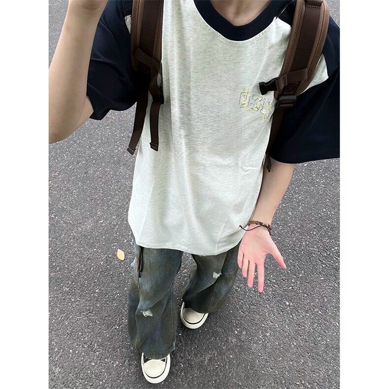 抖音得物高品质二开240克宽松纯棉美式潮牌插肩袖拼接短袖T恤,男装T恤,电商A486