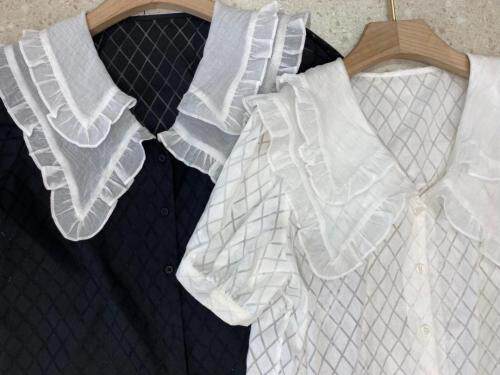 翻边双领菱纹衬衣，女装，新袖