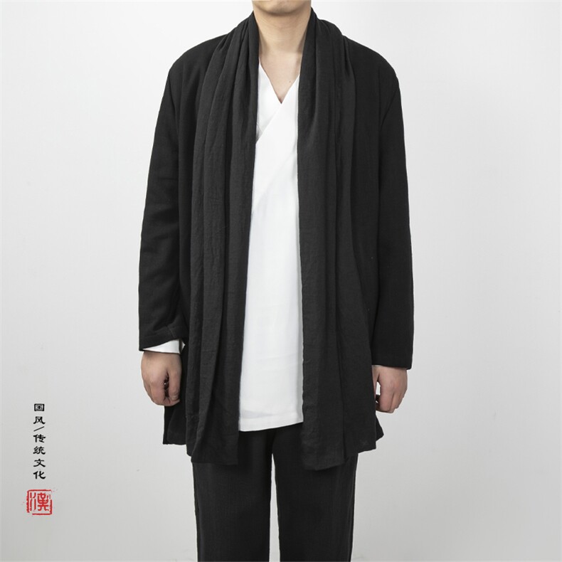 风男装中长款汉服风衣外套棉麻围巾领开衫汉服外套F002P95,男装风衣,钱塘802