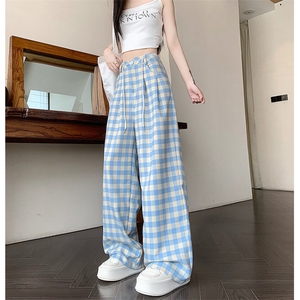 AK2354-P45蓝色格子阔腿裤女夏季新款高腰宽松直筒休闲裤子图片