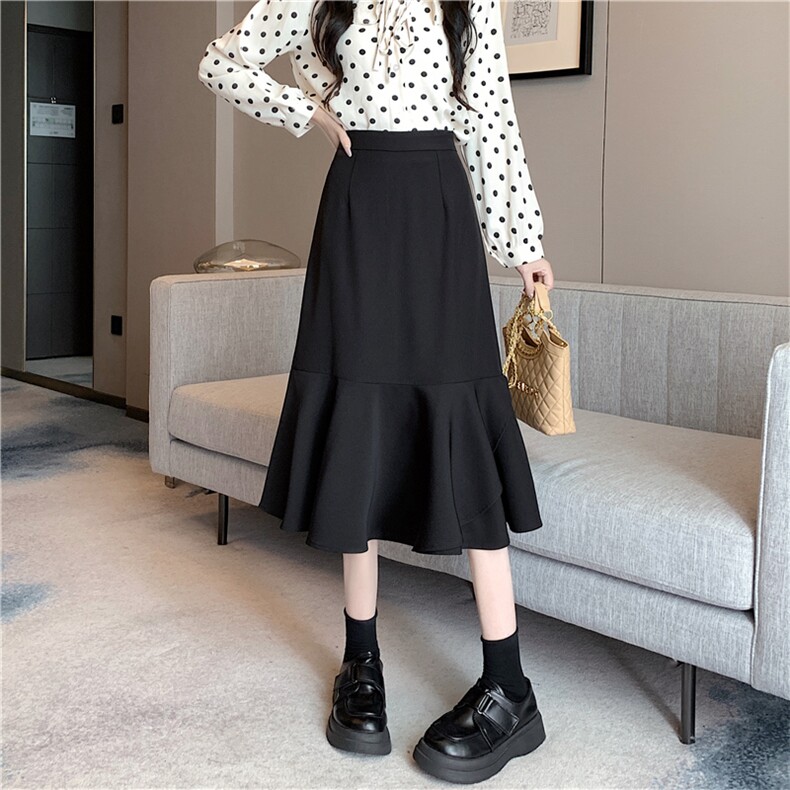 黑色鱼尾半身裙子女秋季2023新款小个子高腰a字裙包臀中长裙，女装半身裙，梦白服饰厂