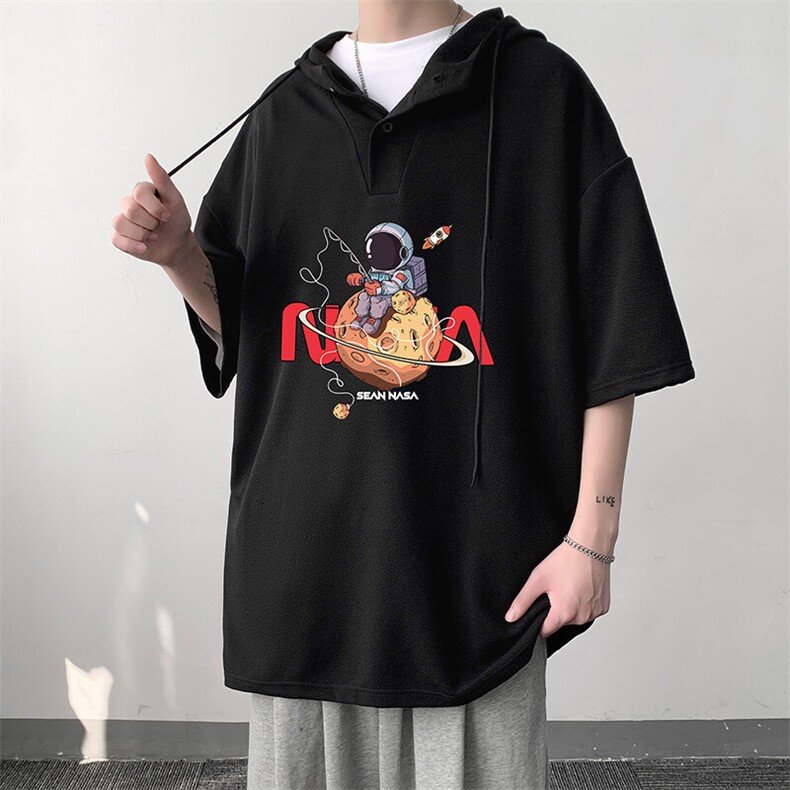 LD54287-P45NASA连帽短袖t恤男大码胖子带帽五分袖中袖,男装T恤,电商A040