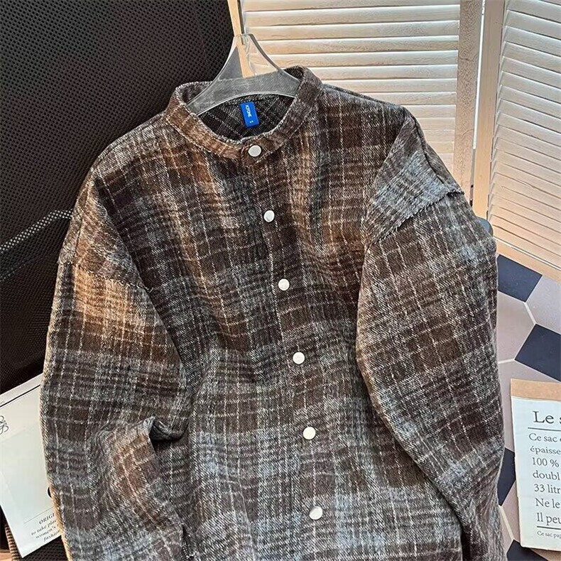 春秋季复古磨毛格子衬衫男美式潮牌宽松休闲立领外套CY1055-P50,男装衬衫,星座412-2