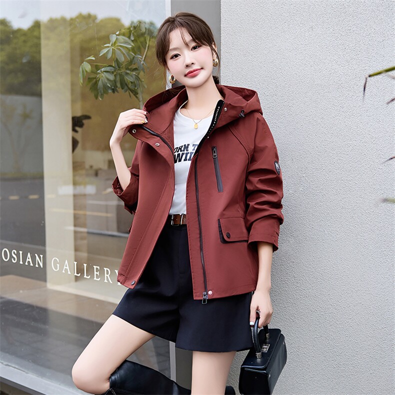 红短款风衣外套女2025春秋新款宽松休闲连帽工装冲锋衣夹克,女装短外套,涵亦佰惠