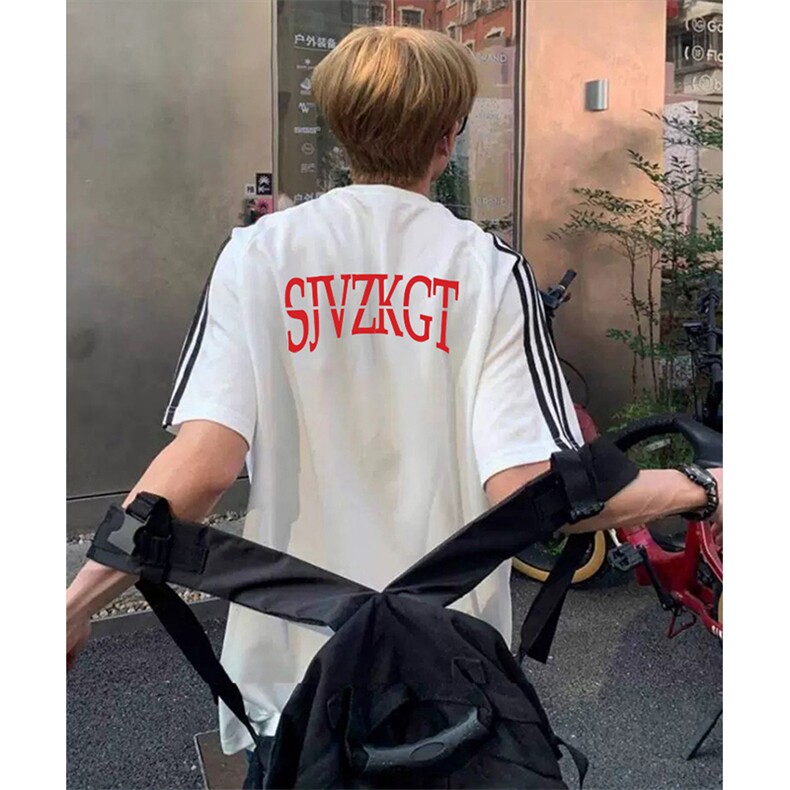 抖音得物高品质二开240克宽松纯棉美式潮牌三条杠织带短袖T恤,男装T恤,电商A486-1