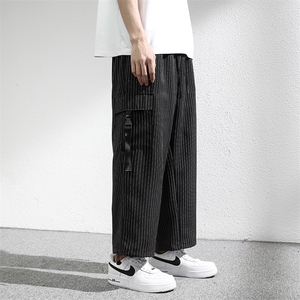 7XL-M条纹工装裤子男2023夏季新款免烫垂感宽松直筒裤休闲九分裤图片