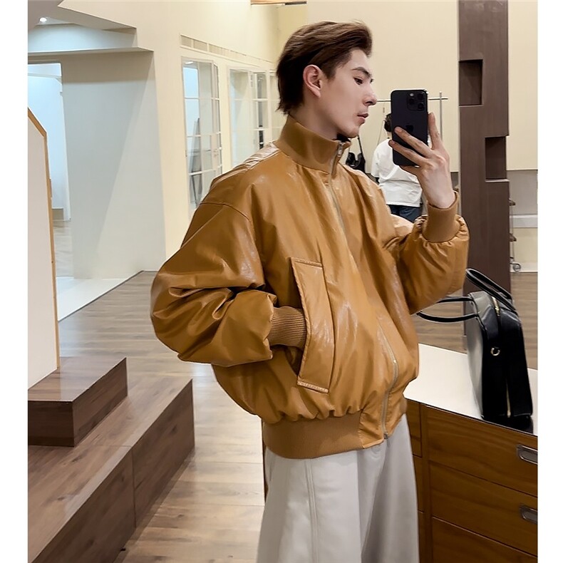 PU皮立领羽绒服男冬加厚保暖90白鸭绒飞行员皮夹克夹yrf777-TP245图片