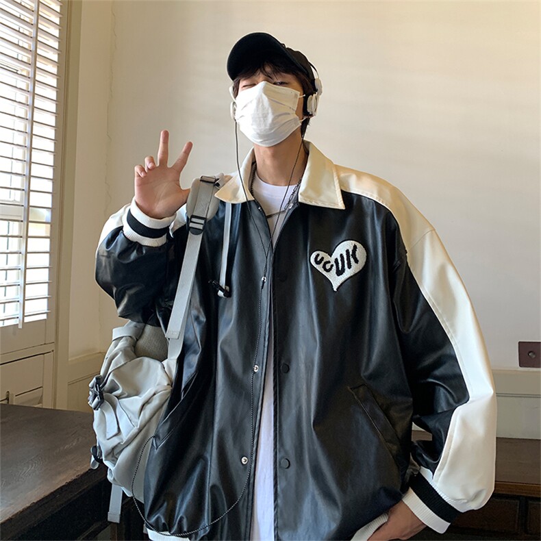 EQ114 拼色毛巾绣皮衣外套男2024新款秋装休闲夹克ins港风潮 P108图片