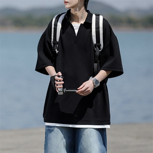 8XL-M假两件V领短袖t恤男夏翻领半袖宽松重磅华夫格大码DT001P40图片