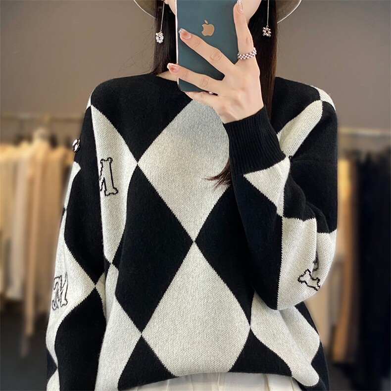 新款菱形格提花圆领针织衫女秋冬新款宽松显瘦纯色羊毛衫,女装羊毛衫,佑昭祥羊绒