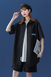 夏季新款 韩版港风宽松短袖翻领个性衬衫女 S99 P35控48图片