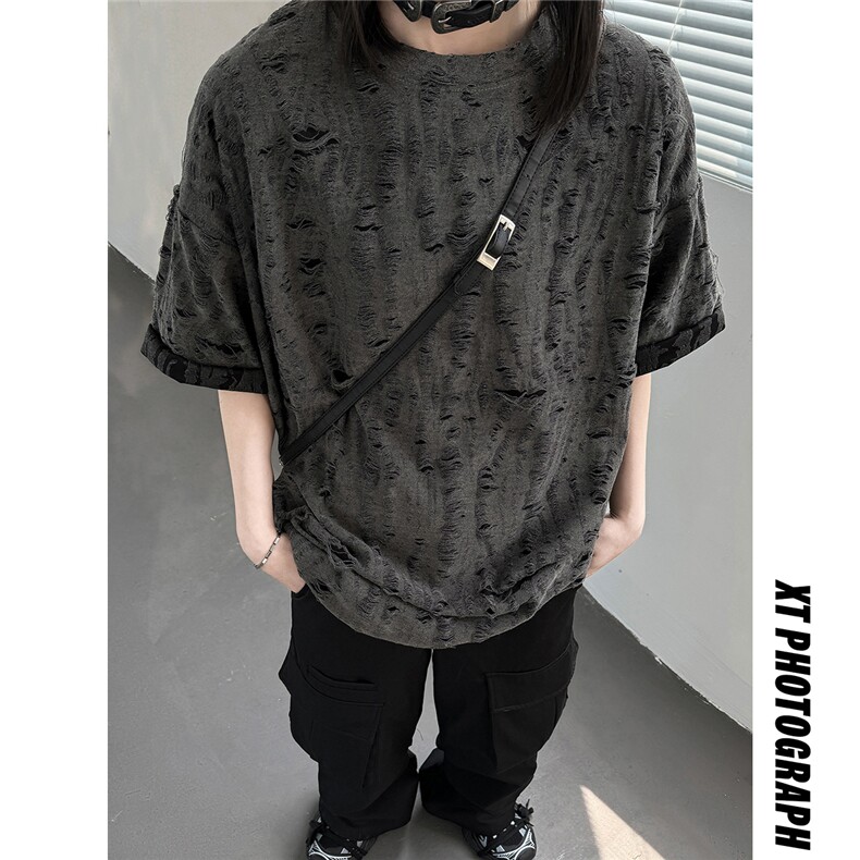 主推高质量夏季破洞短袖重磅情侣t恤女设计感中性上衣D247P30,男装T恤,电商A335-1（原A458）